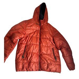 Point Zero Reversible Orange Puffer Jacket Mens XXL With Hood & Black Lining.